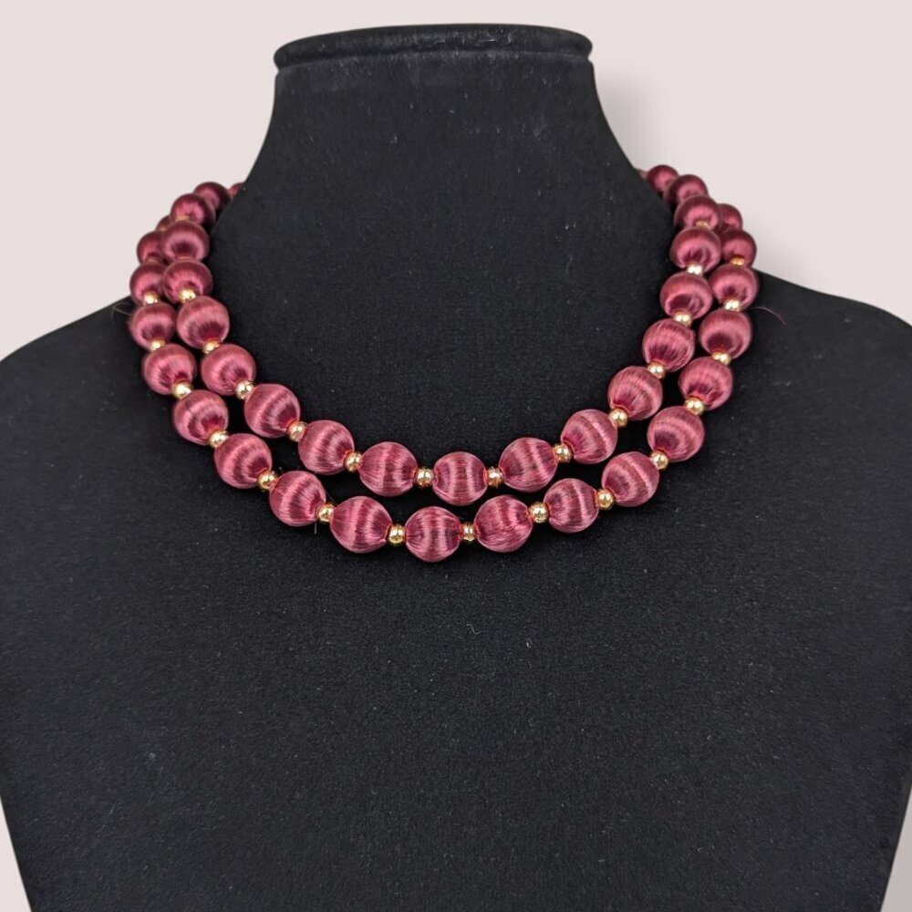 Vintage Burgundy Satin Wrapped Beaded Necklace